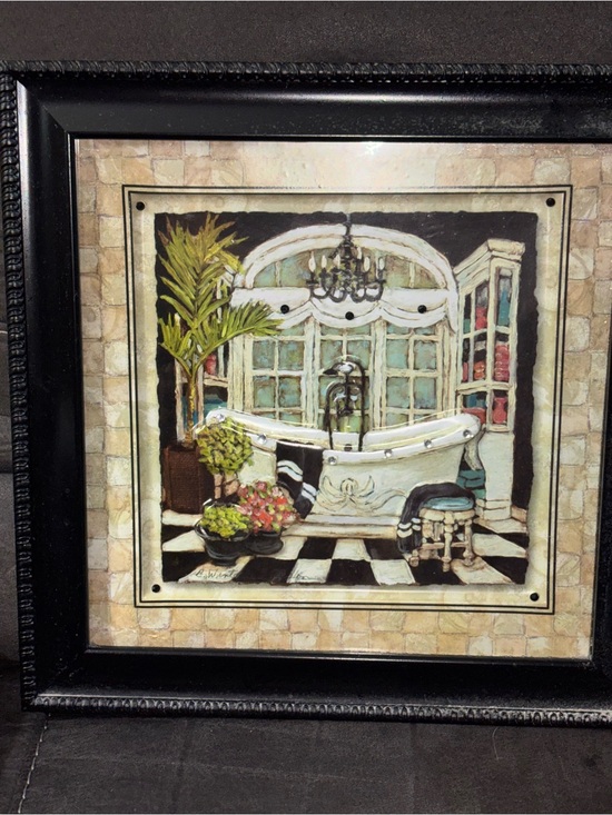 Charlene Olson Other - Framed Metal Bathroom Scene Wall Art Print in Black, Cream, Green
